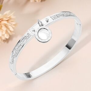 Silver Mother Of Pearl Charm Stainless Steel Metal CZ Crystal Bangle Bracelet
